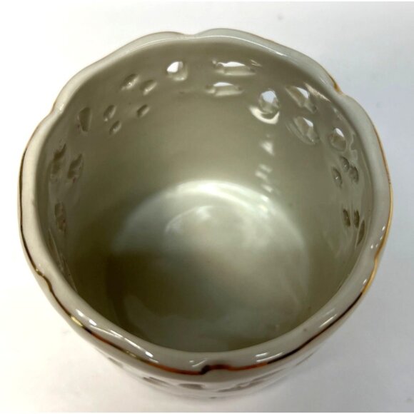 Vintage Christmas Holly Ceramic Votive Candle Holder Pierced Design 4" Height - Picture 3 of 4